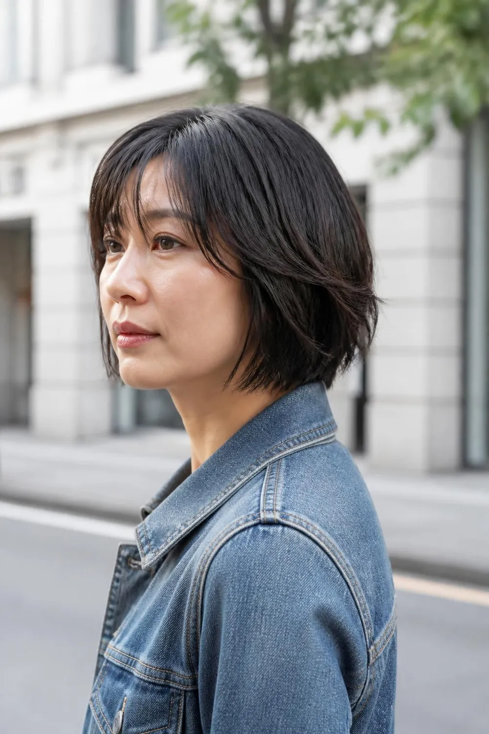 Textured chin-length bob with curtain bangs on a woman in her 40s