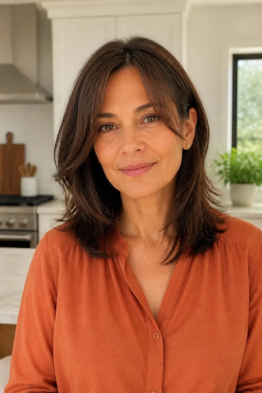 Grown-out curtain bangs blending into mid-length layers on a Latina woman in her 40s