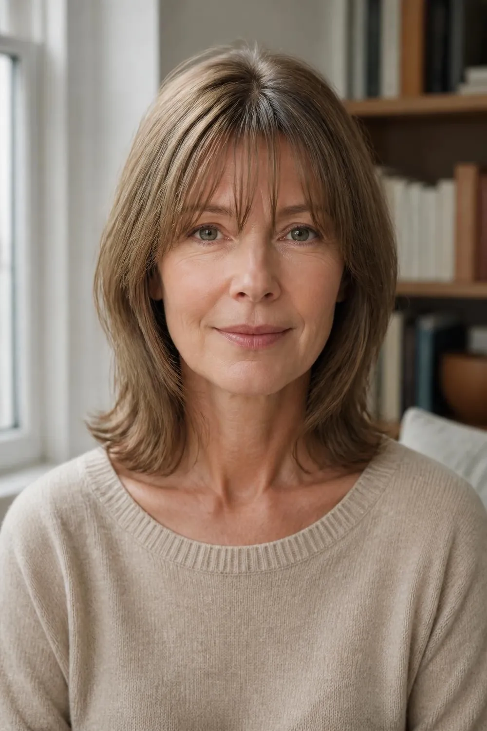 Wispy see-through bangs on a collarbone-length cut on a woman in her 40s