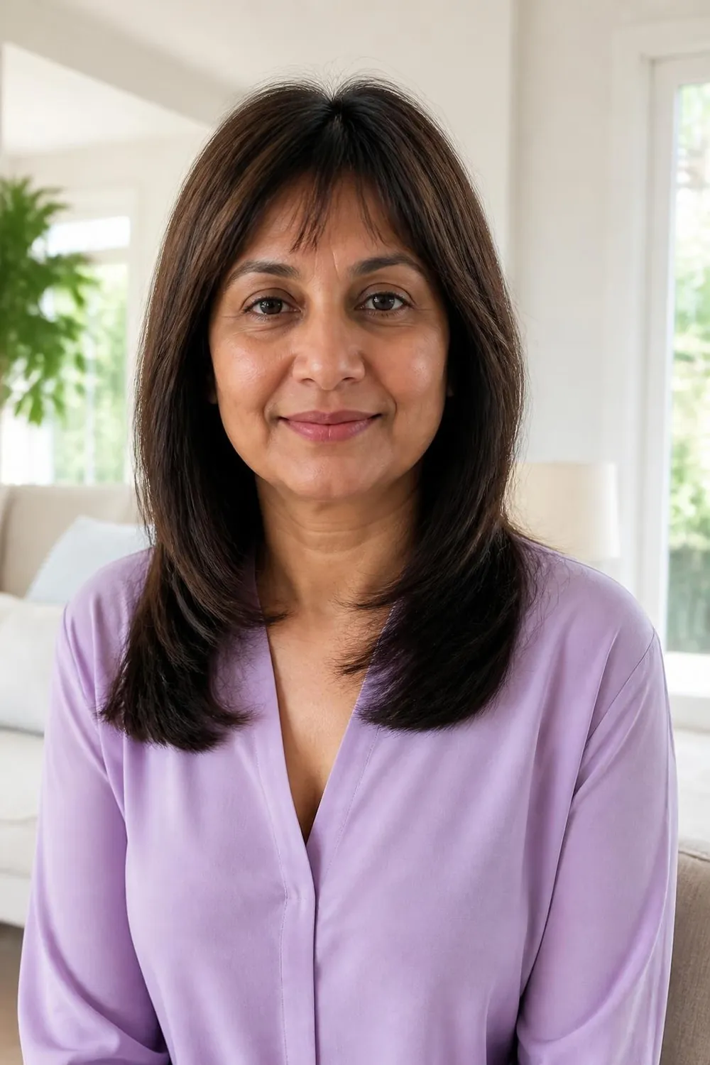 Narrow triangle-sectioned bangs that keep thin hair full on a woman in her 40s