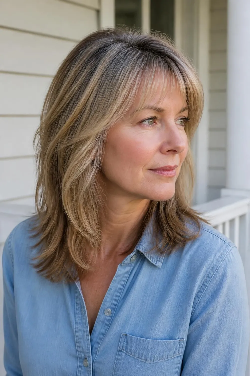 Feathery bangs on shoulder-length hair with silver streaks on a woman in her late 40s