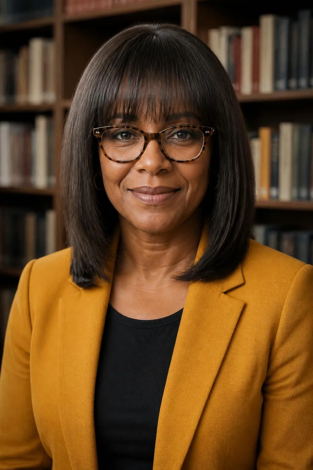 Brow-length bangs that sit just above glasses frames on a woman in her 40s