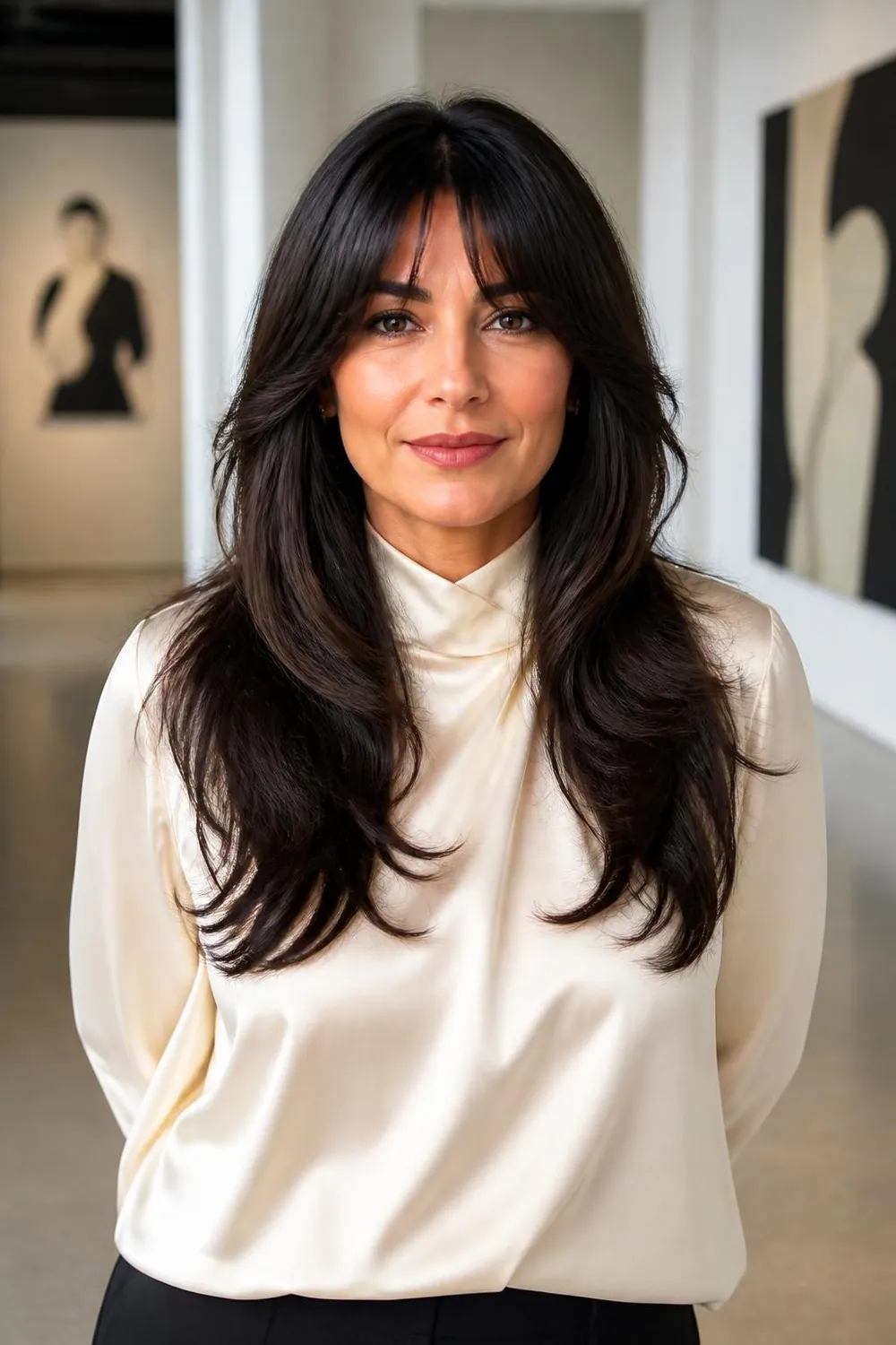 Bottleneck bangs with long layers framing the face on a woman in her 40s