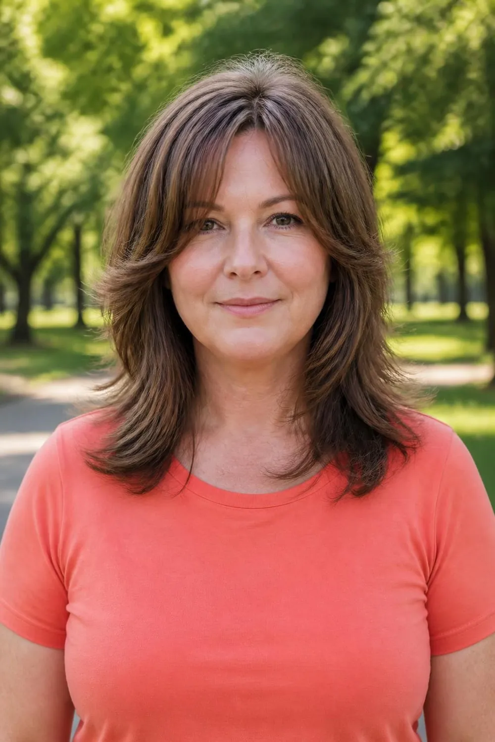 Longer arched bangs that open at the center for a round face, woman in her 40s
