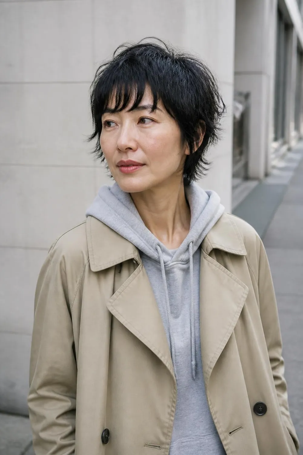 Tousled short crop with a choppy brow-length fringe on an East Asian woman in her 40s