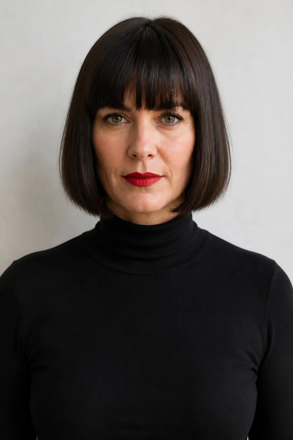 Blunt chin-length bob with heavy straight-across bangs on a woman in her 40s