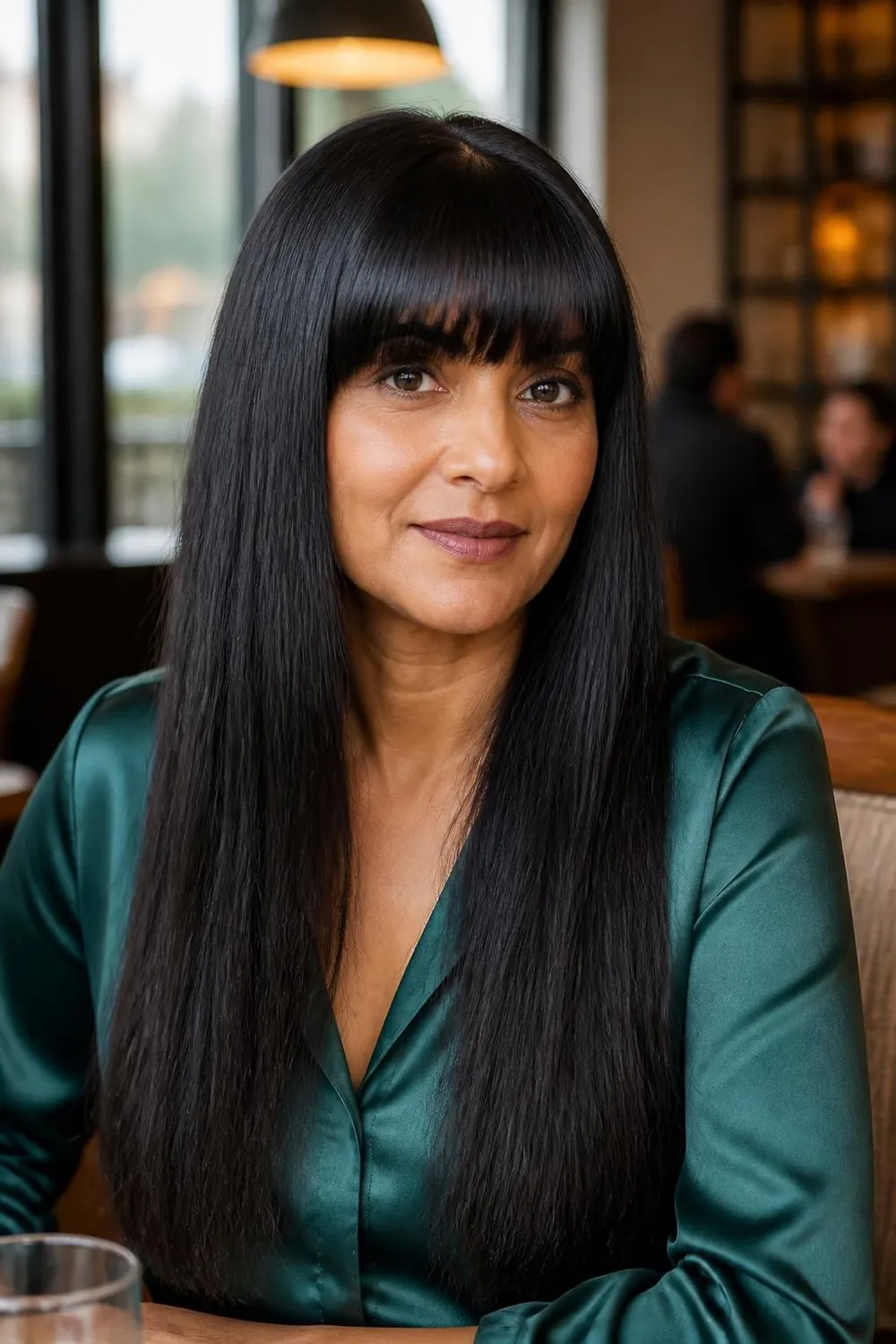 Long straight hair with full blunt bangs on a South Asian woman in her 40s
