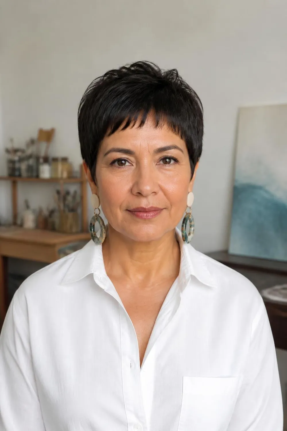 Short baby bangs with a cropped pixie on a woman in her 40s