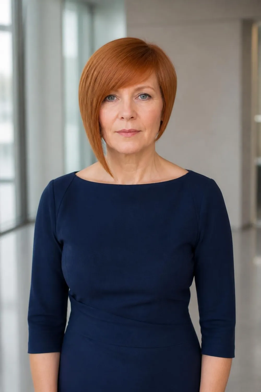 Asymmetrical bangs longer on one side with an angled bob on a woman in her 40s
