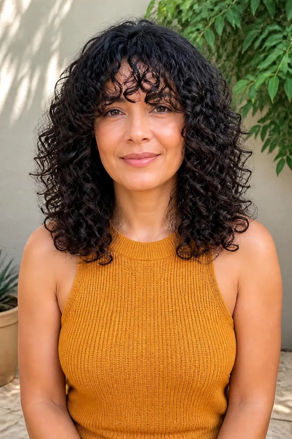 Curly bangs with shoulder-length defined curls on a woman in her 40s