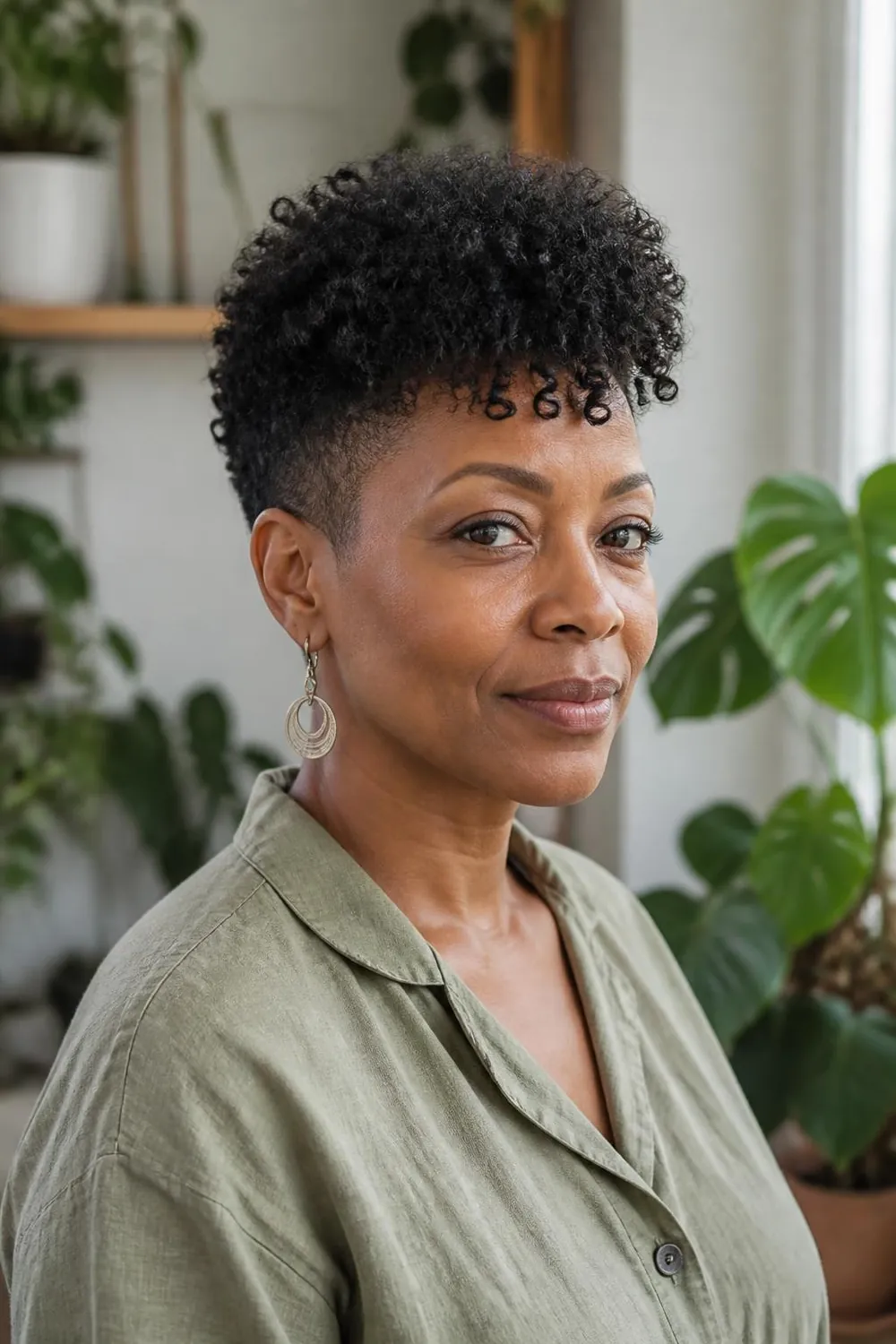 Tapered coily cut with a short curly fringe on a Black woman in her 40s