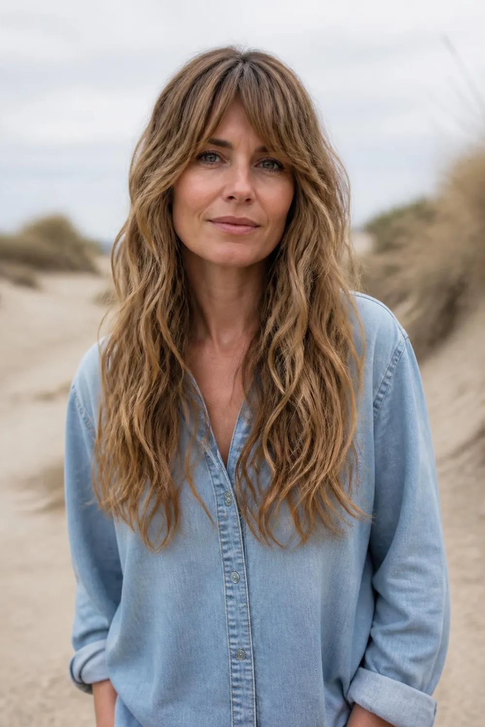 Air-dried wavy bangs on long wavy hair on a woman in her 40s