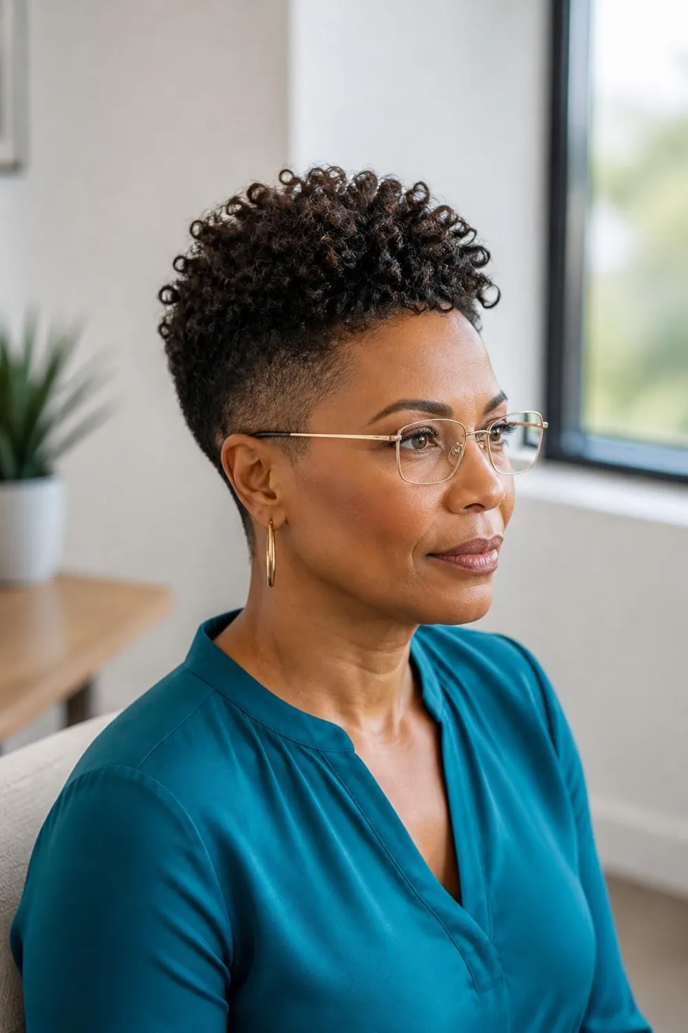 Tapered natural haircut with defined coils on a Black woman in her 40s with glasses