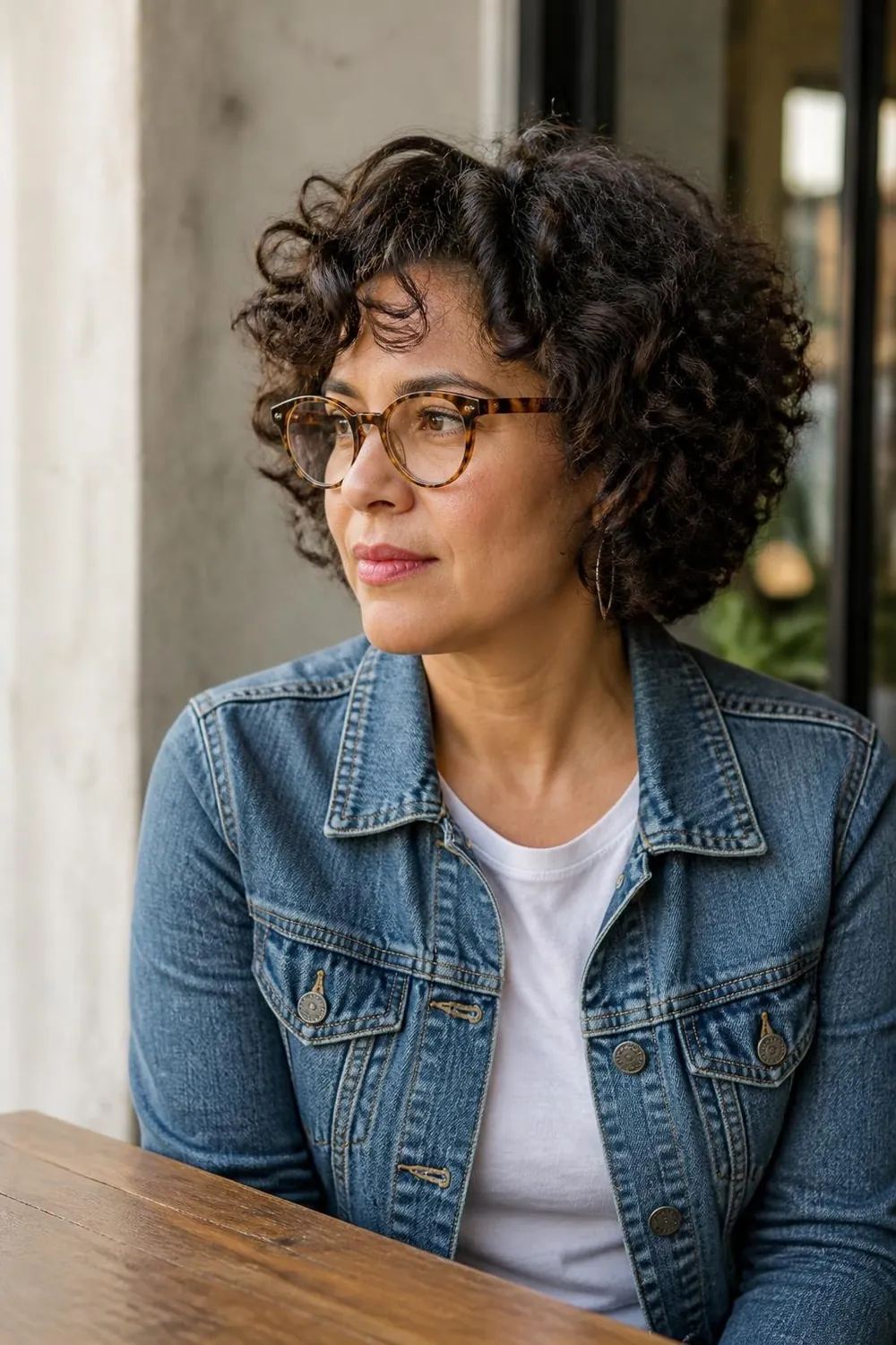 Ear-length curly bob on a Latina woman in her 40s wearing tortoiseshell glasses