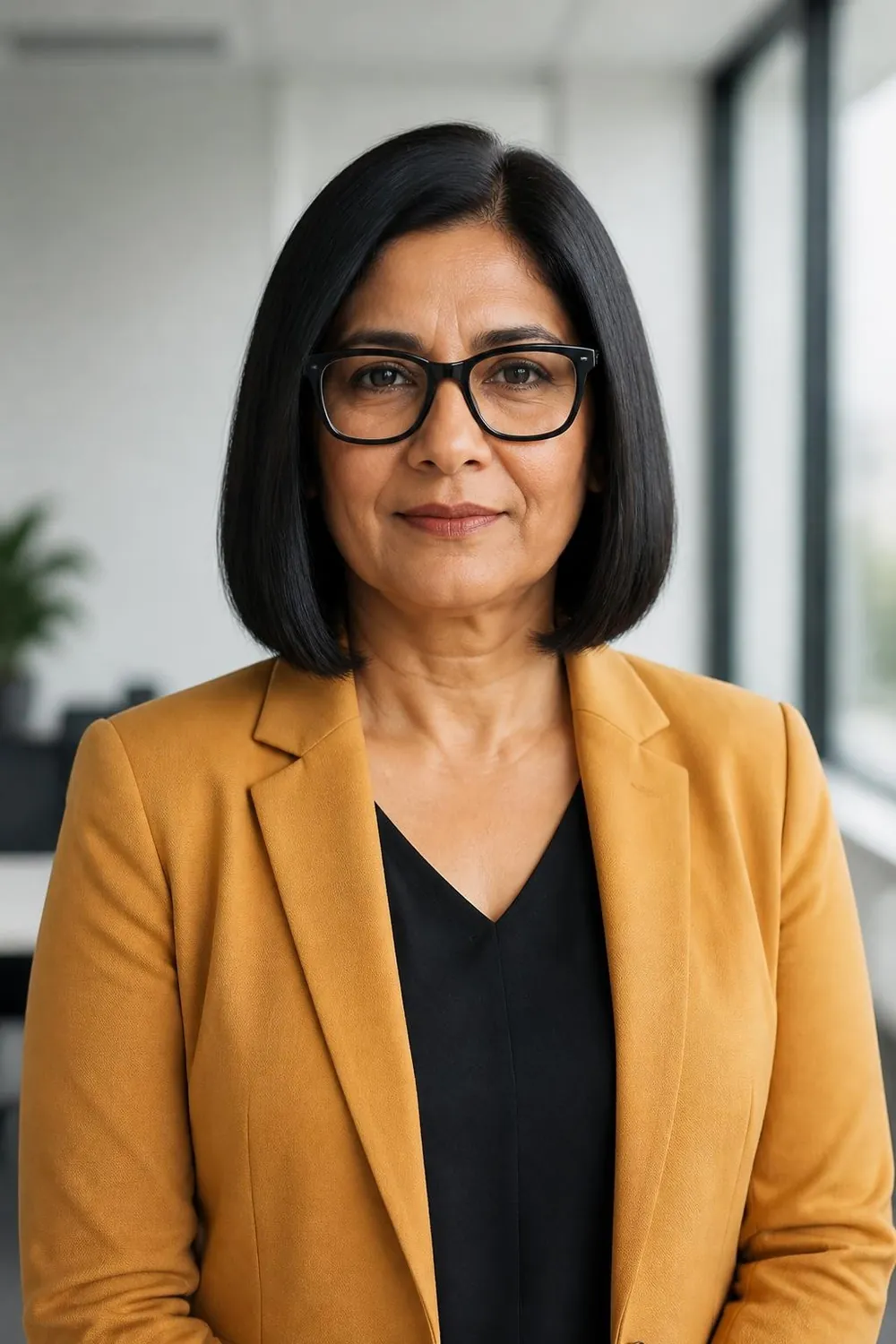 Blunt chin-length bob paired with thick black glasses on a woman over 40
