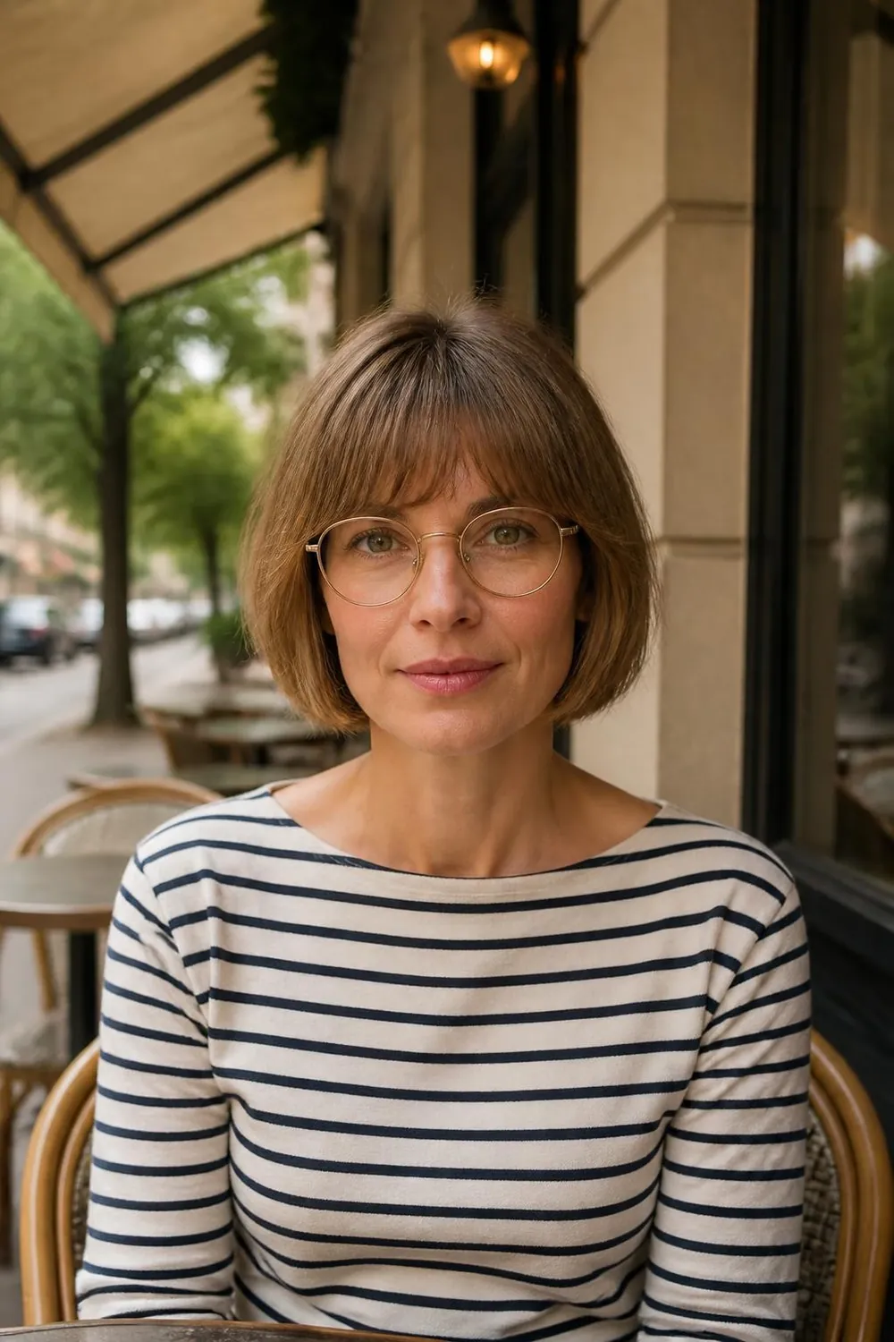 French bob with wispy bangs above thin gold wire glasses on a woman over 40