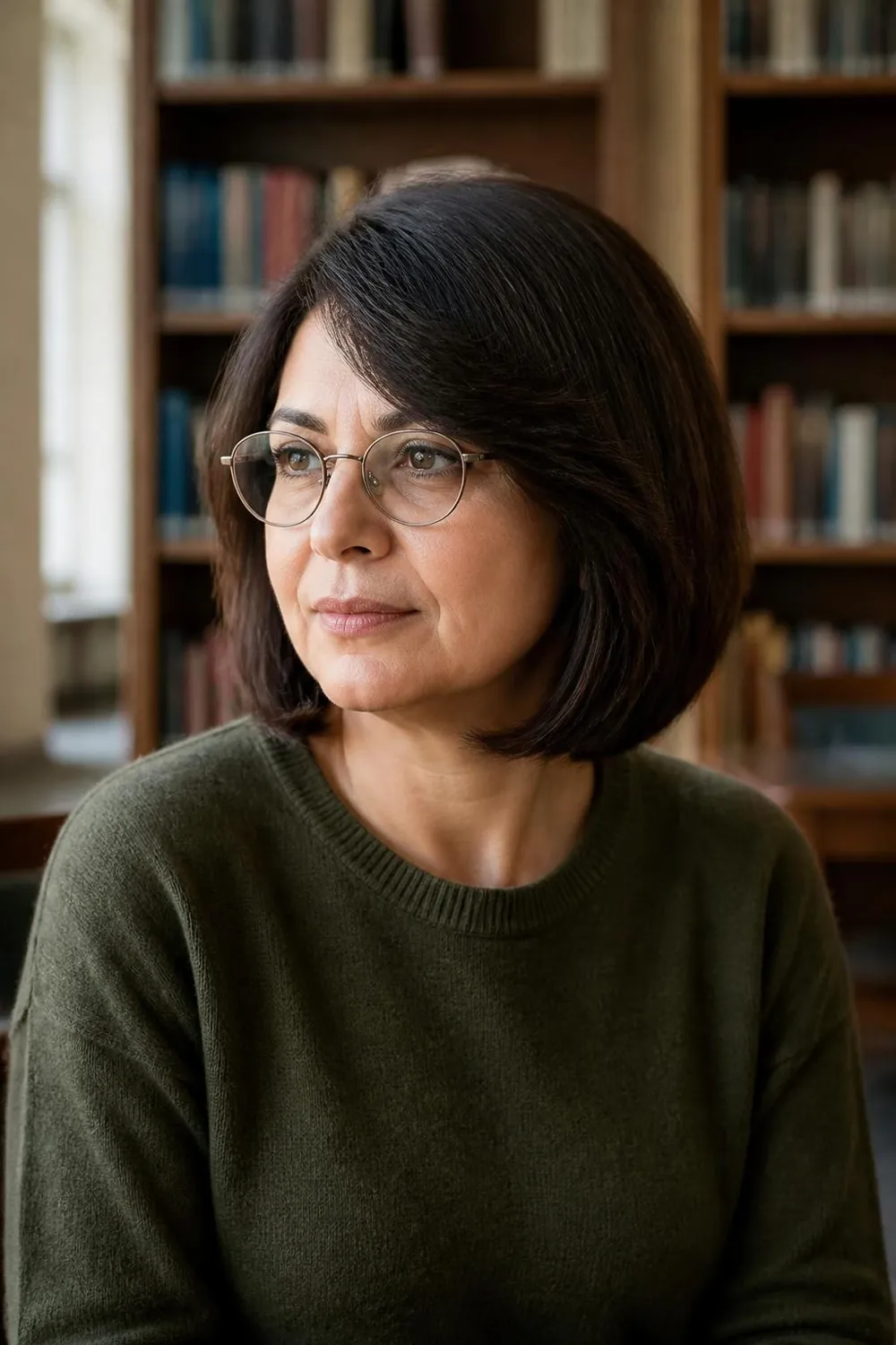 Side-part bob with a soft swoop across the forehead and oval glasses