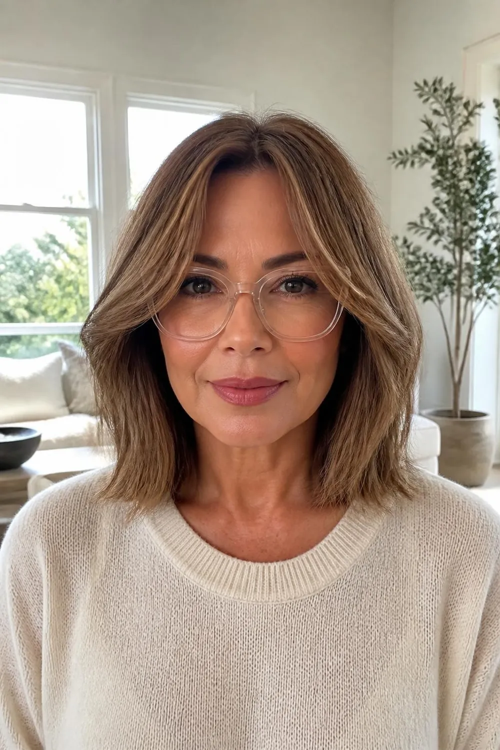 Shoulder-length lob with long curtain bangs sweeping past clear glasses frames