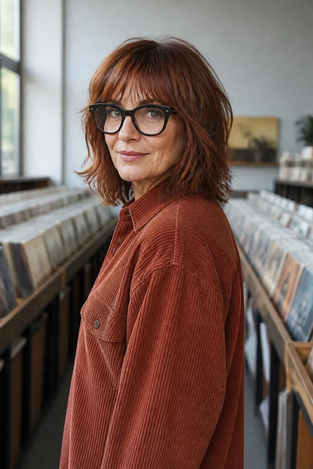 Shoulder-length shag with a wispy fringe and oversized glasses on a woman in her 40s