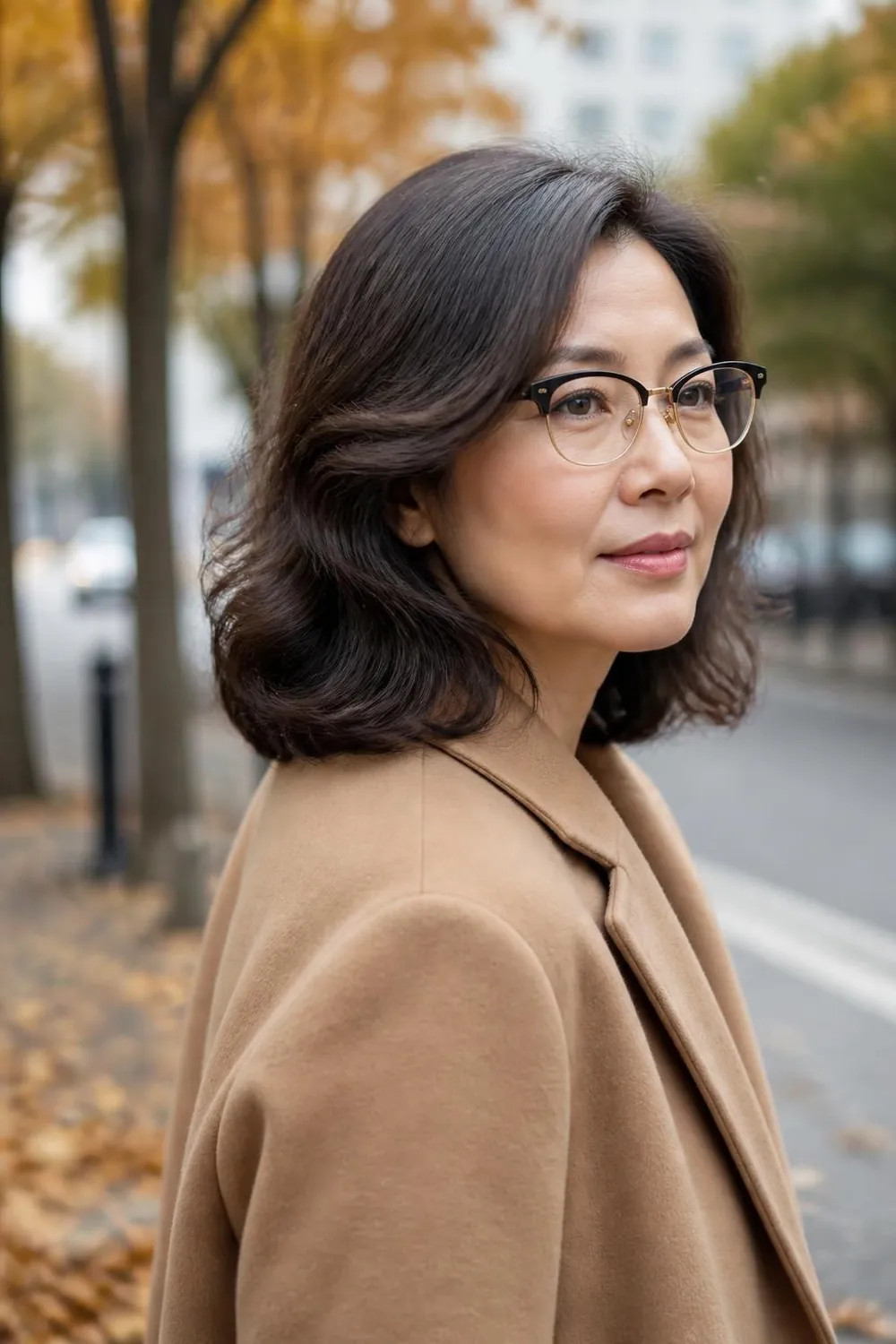 Collarbone-length waves with a side part and browline glasses on a woman over 40