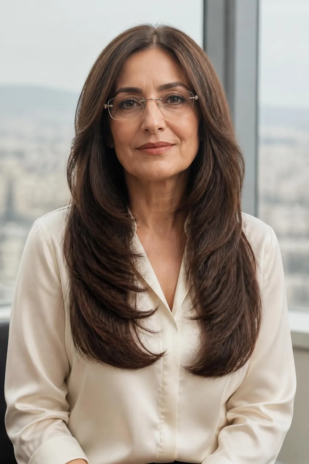 Long layered hair with a center part on a woman in her 40s wearing rimless glasses