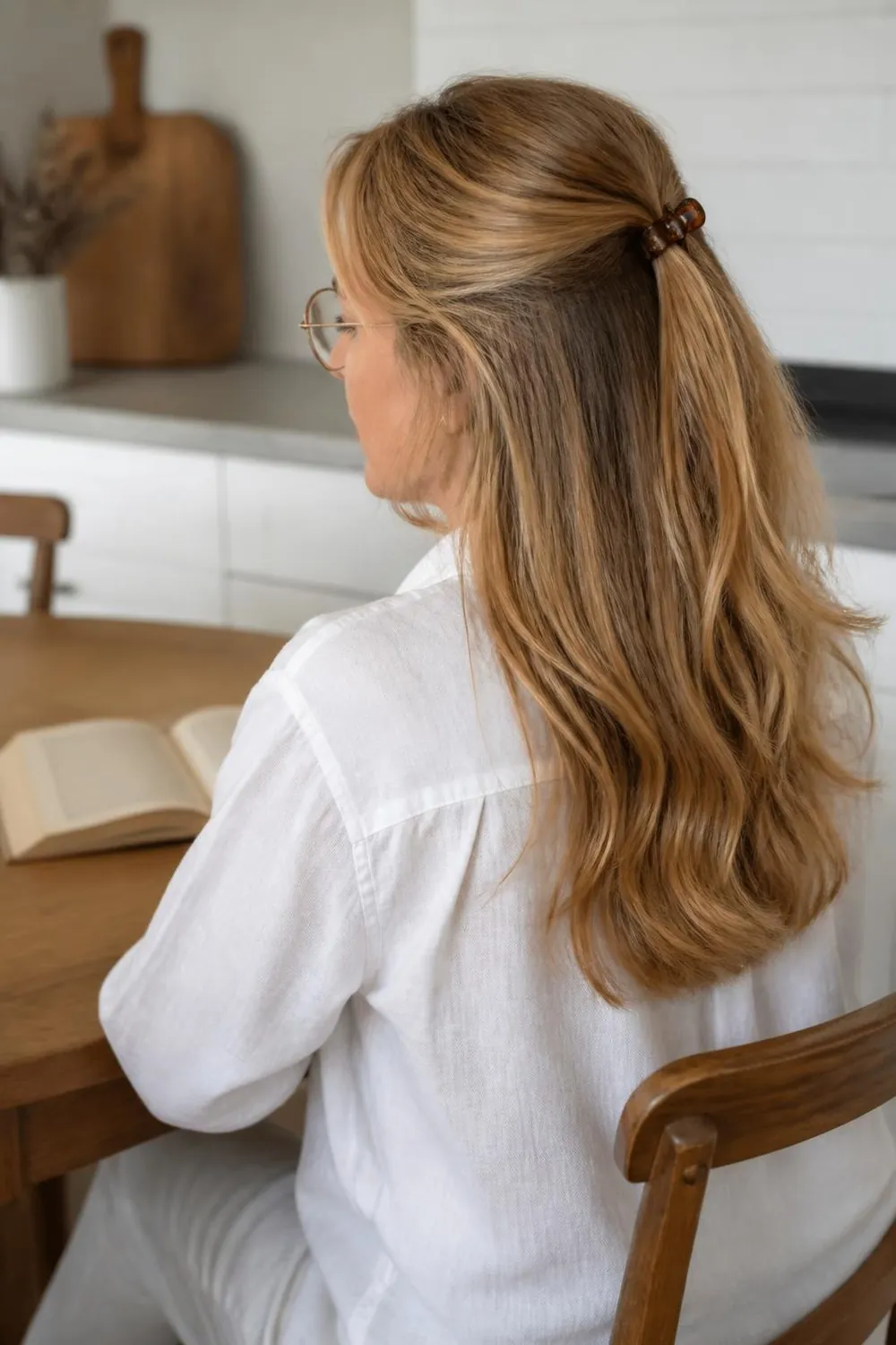 Long layered hair worn half-up to keep it off glasses on a woman in her 40s