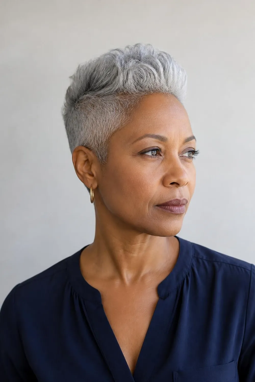 Silver pixie with a longer textured top and tapered sides for gray hair over 50