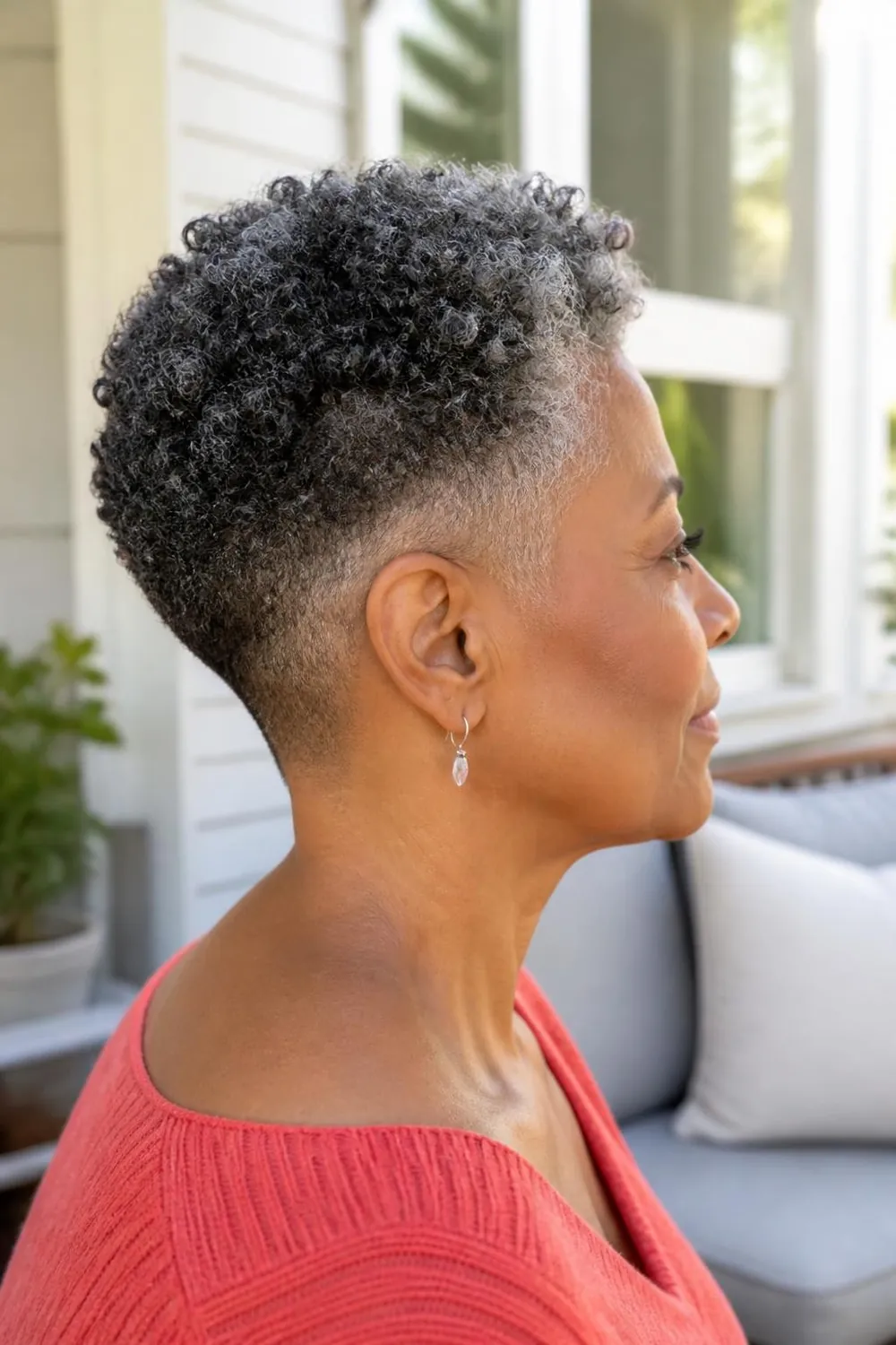 Short tapered natural cut on coily gray-streaked hair for a Black woman over 50