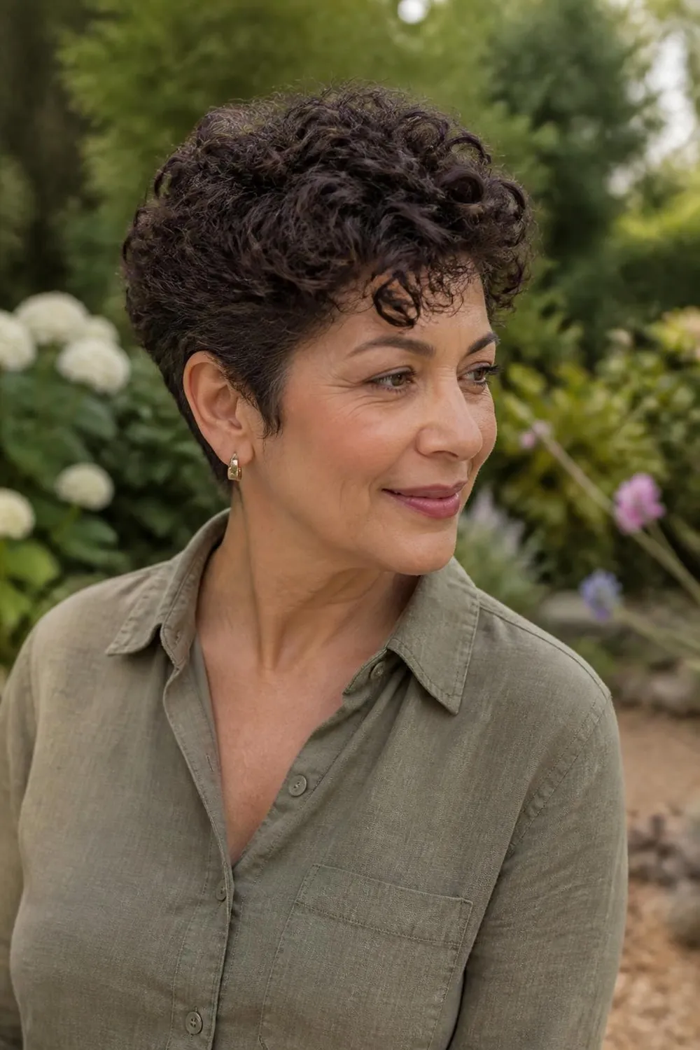 Curly pixie with springy height on top and short sides for a woman over 50