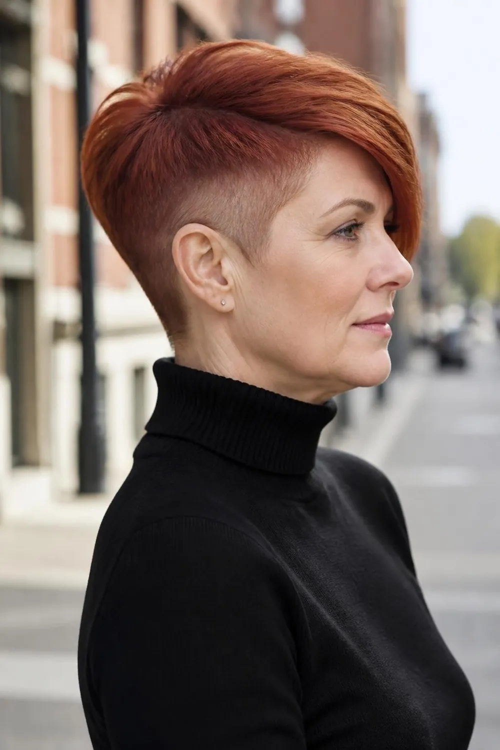 Undercut pixie with a long sweeping top for a woman over 50 with thick hair