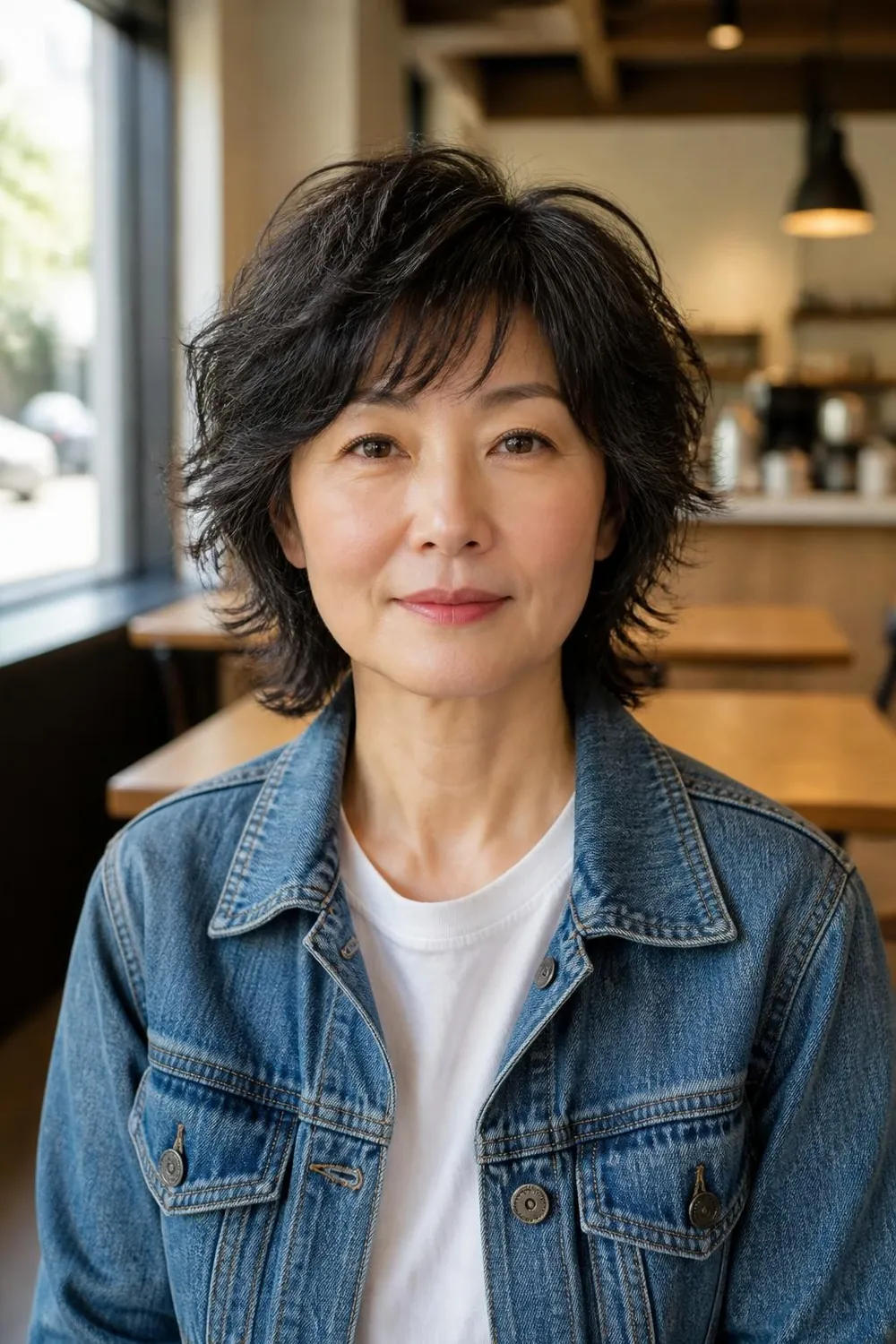 Short choppy shag with textured layers and wispy fringe for a woman over 50