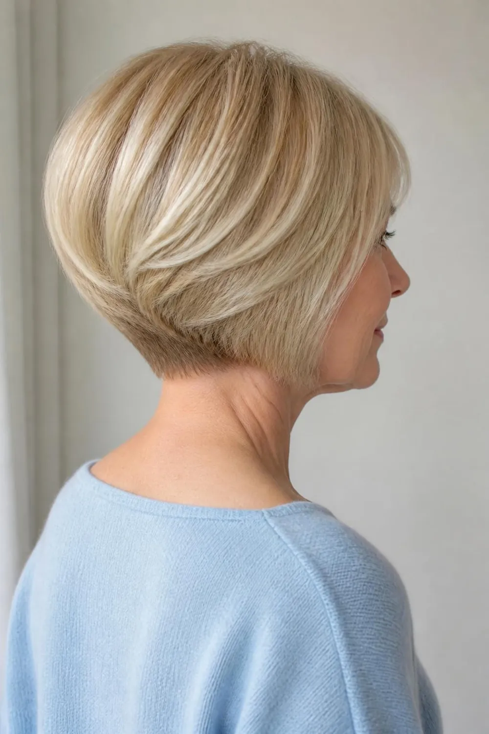 Stacked bob with a rounded graduated back for a woman over 50 with fine hair