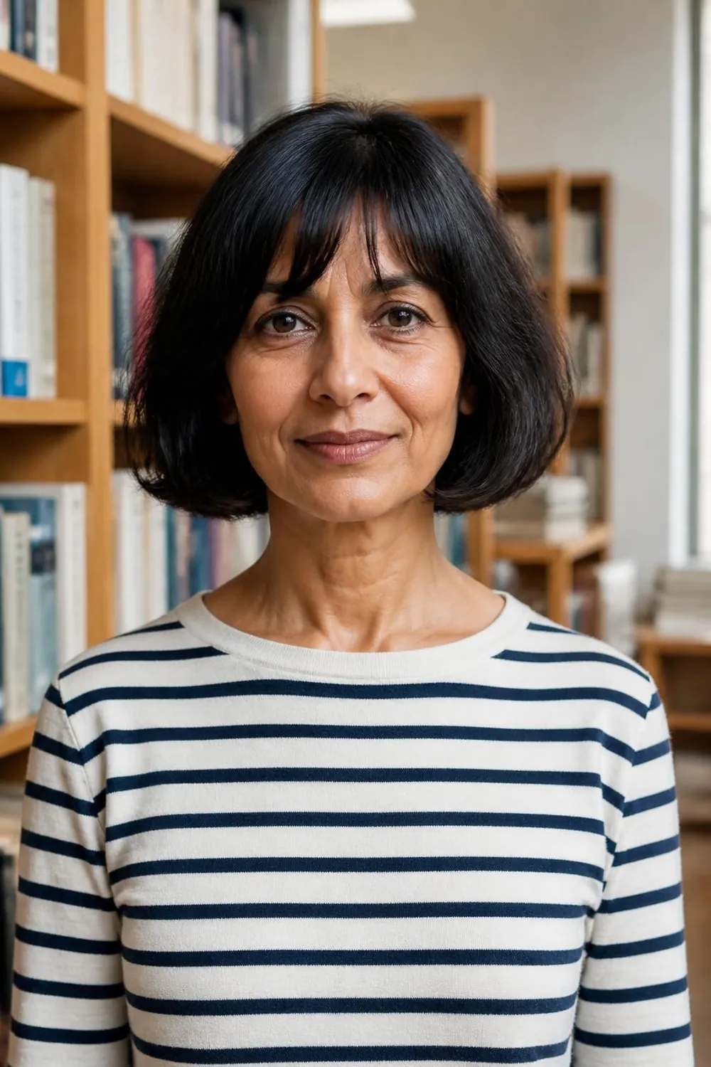 Chin-length French bob with brow-grazing bangs for a woman over 50