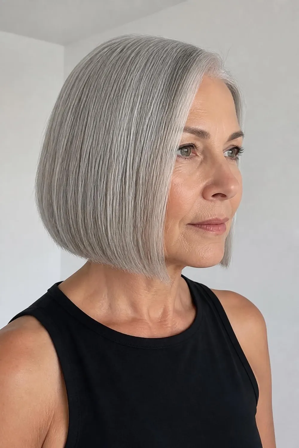 Sleek blunt chin-length bob on silver gray hair for a woman over 50