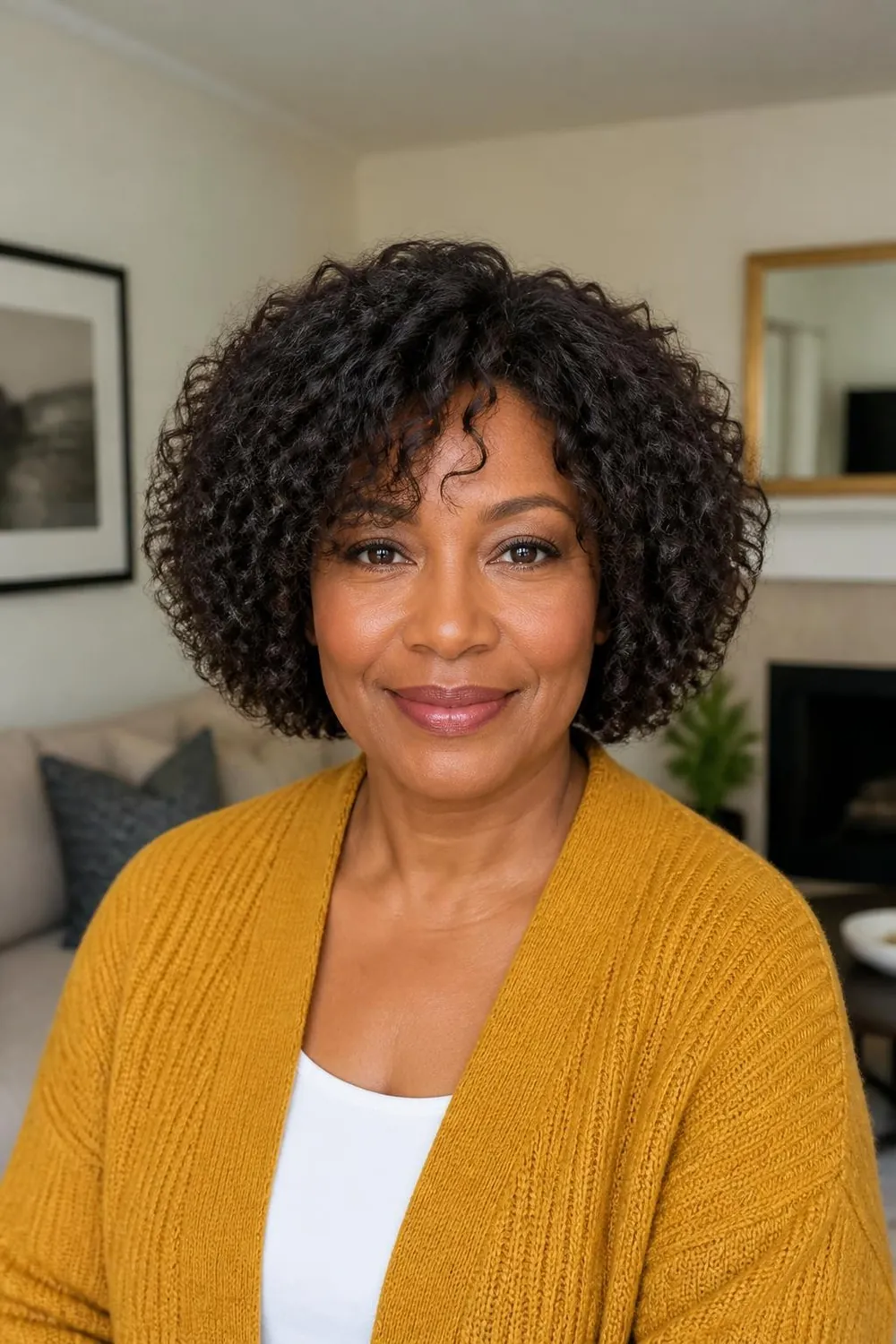 Rounded chin-length curly bob with soft layers for a woman over 50 with curly hair