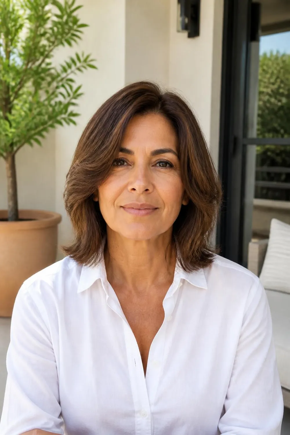 Collarbone-length lob with face-framing layers for a woman over 50