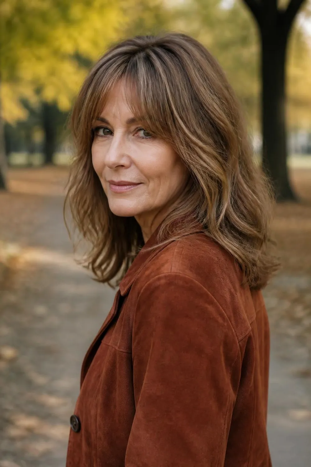 Shoulder-length shag with curtain bangs and airy layers for a woman over 50