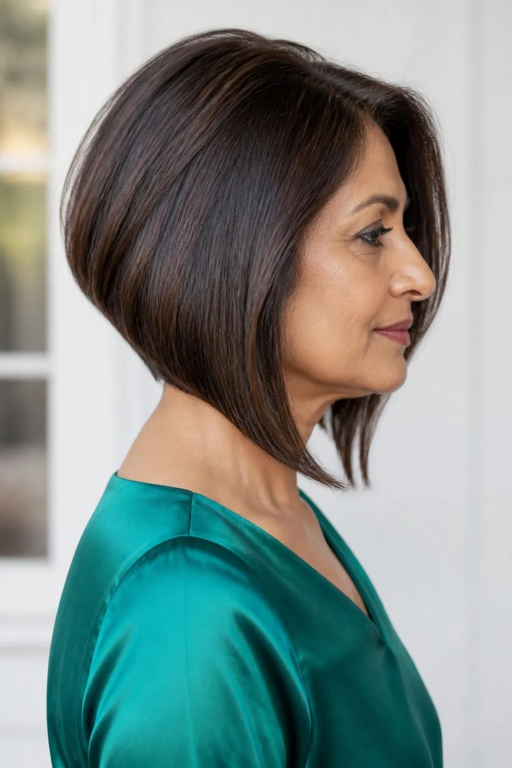 Angled lob longer in front than back with a side part for a woman over 50
