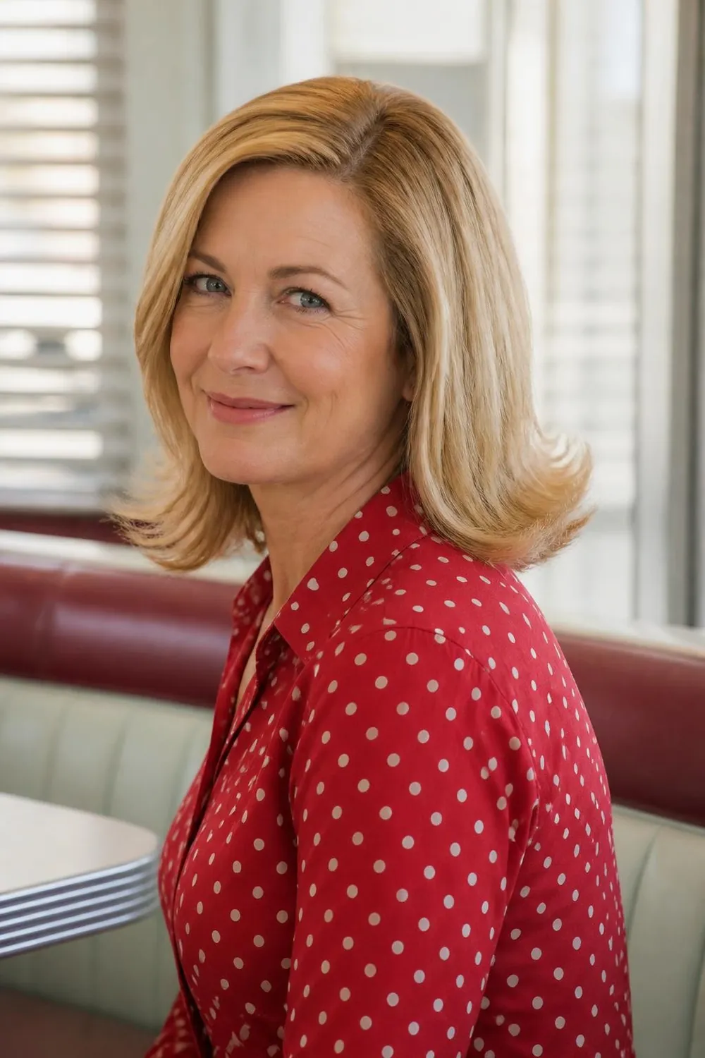 Shoulder-length cut with ends flipped outward and a side part for a woman over 50