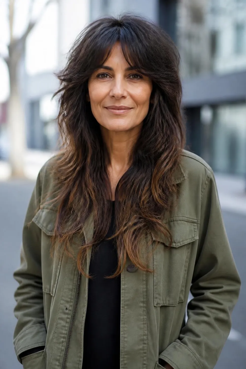 Soft wolf cut with shaggy crown layers and wispy bangs for a woman over 50