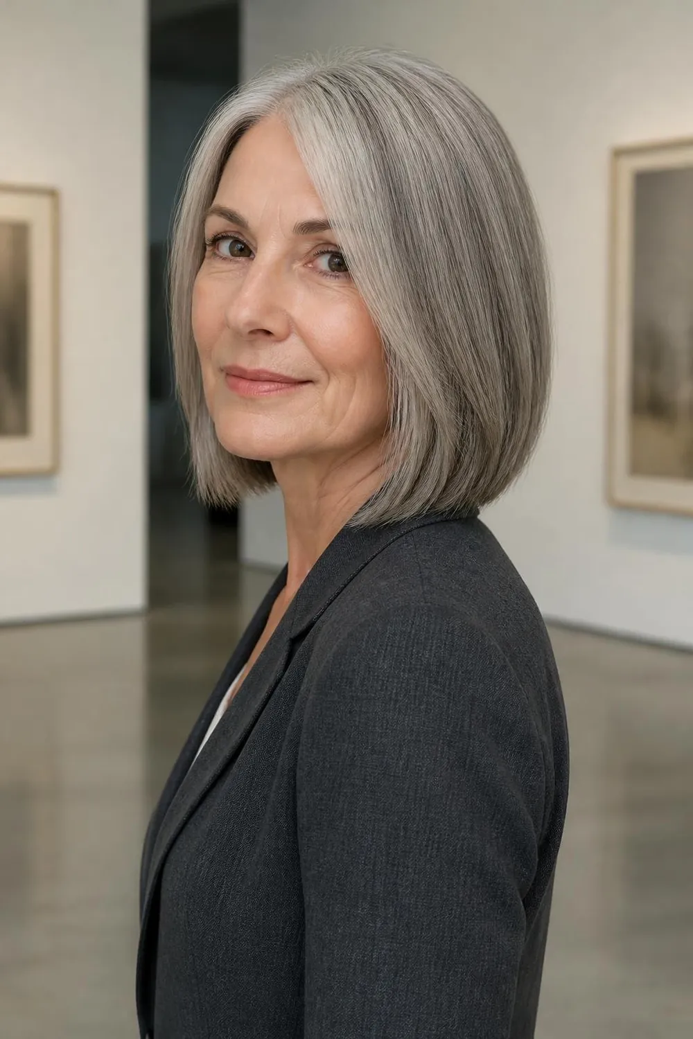 Silver gray lob with darker lowlights blended through for a woman over 50