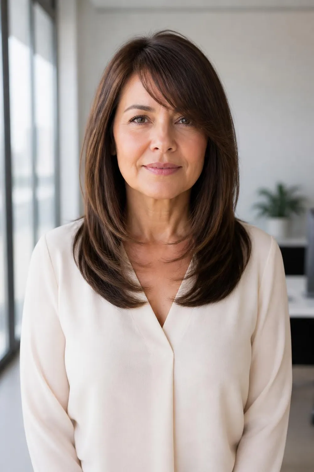 Medium-length layered cut with long side-swept bangs for a woman over 50
