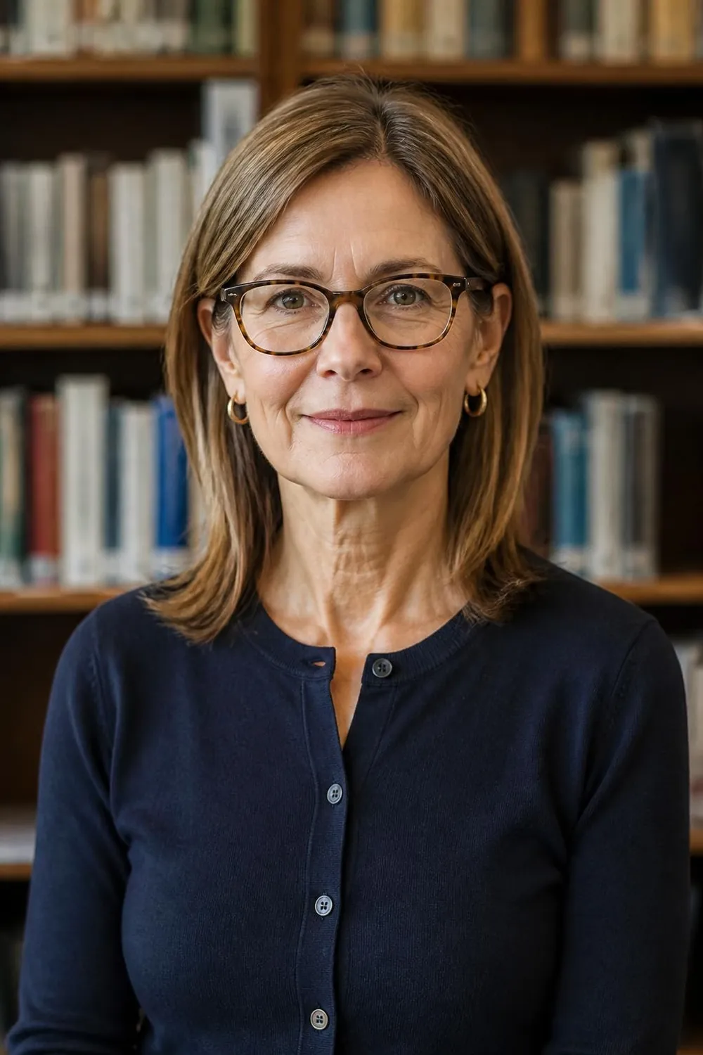 Tuckable lob with long front pieces behind the ears for a woman over 50 with glasses