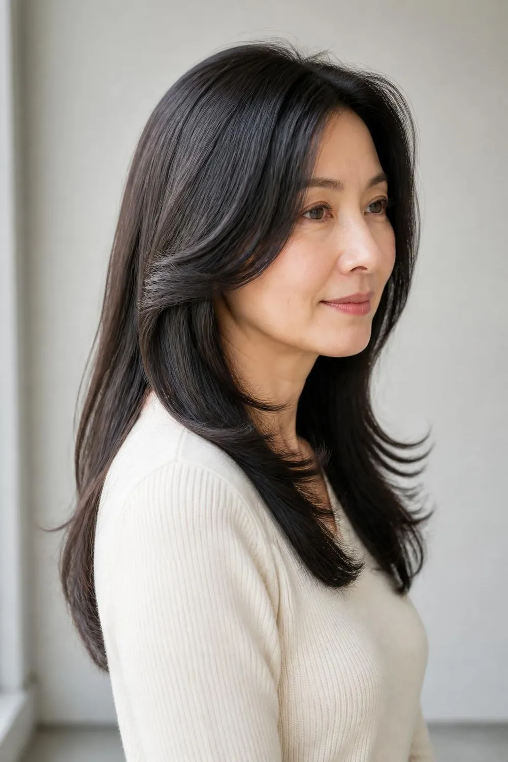 Long hair with face-framing layers starting at the chin for a woman over 50