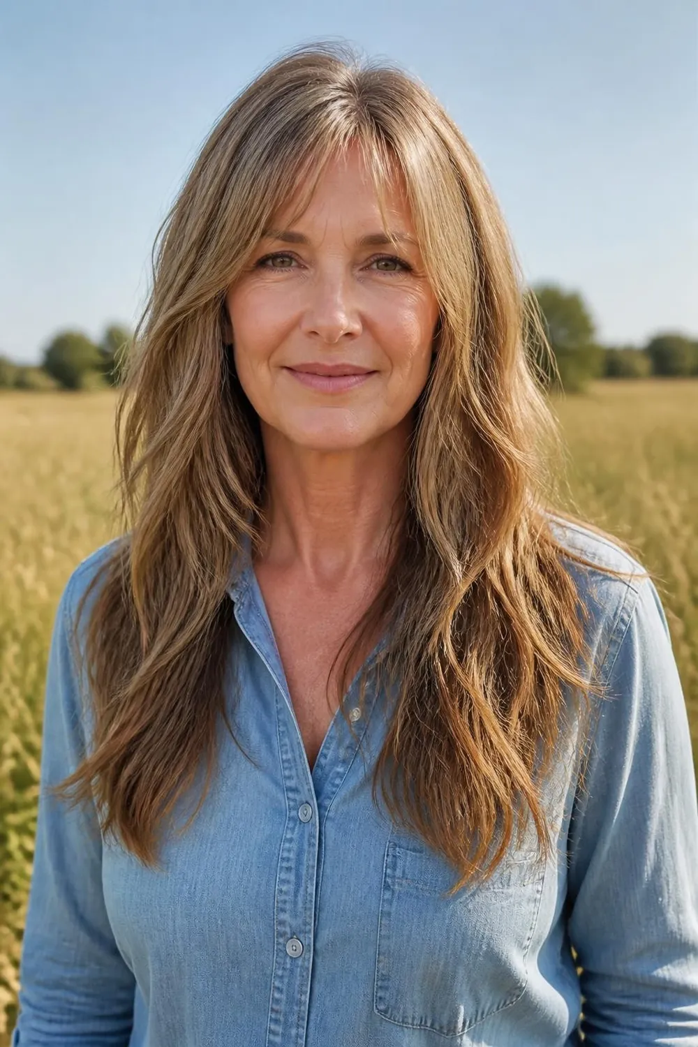 Long layered hair with light wispy bangs for a woman over 50
