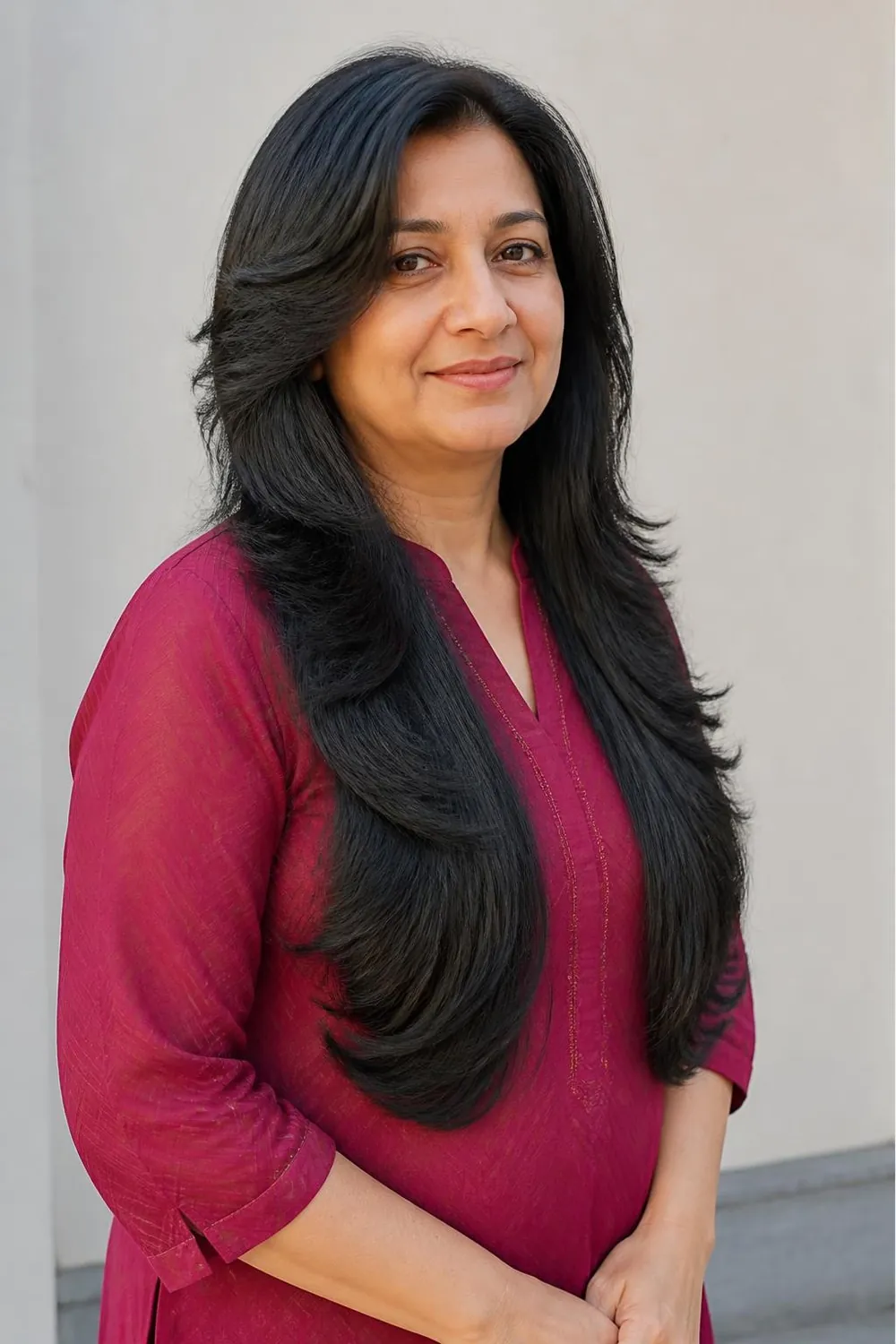 Long butterfly haircut with short crown layers and long lengths for a woman over 50