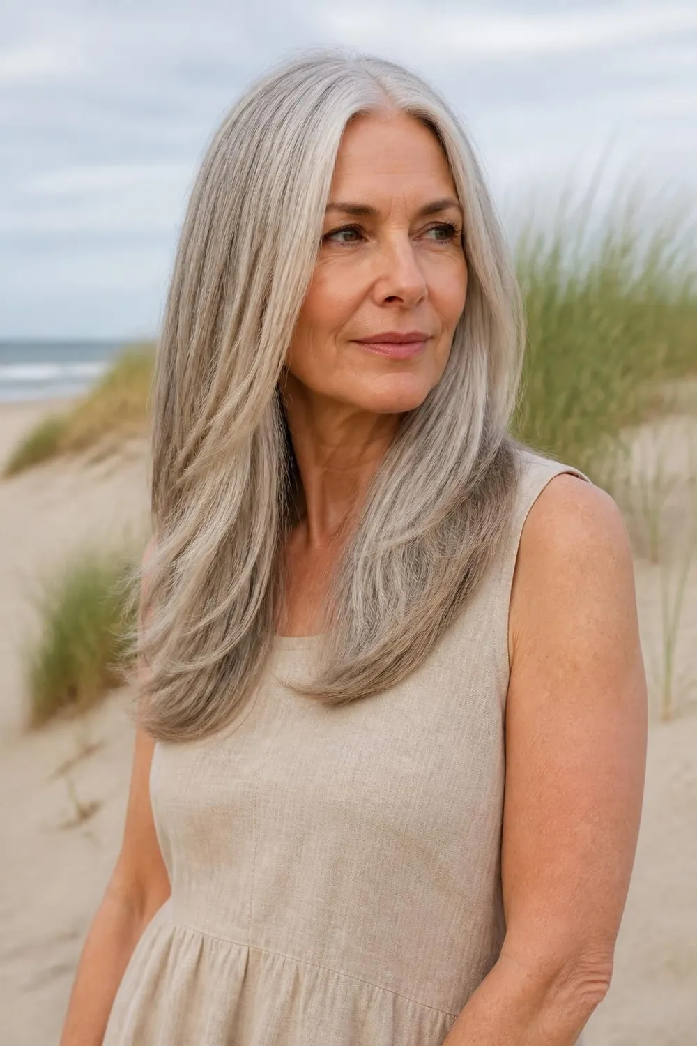 Long silver hair with soft layers and a middle part for a woman over 50