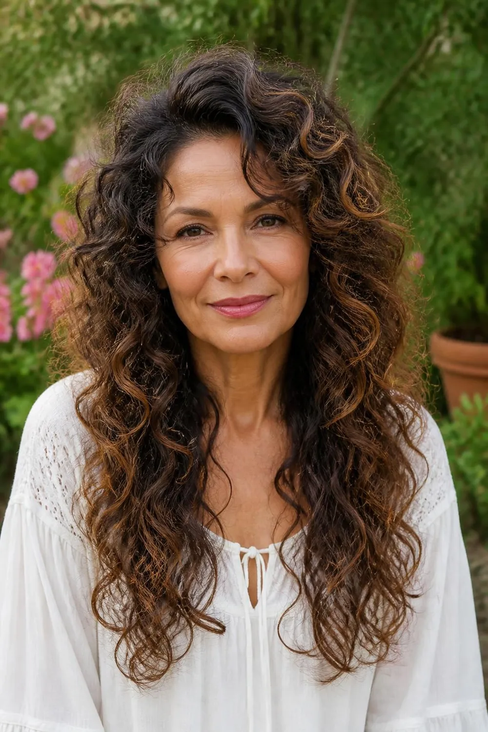 Long curly hair with layers cut curl by curl for a woman over 50