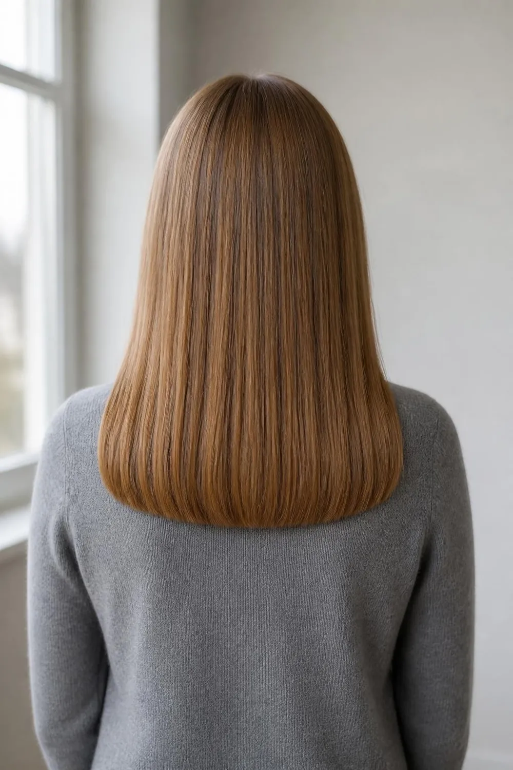 Long blunt cut with a straight solid hemline for a woman over 50 with fine hair