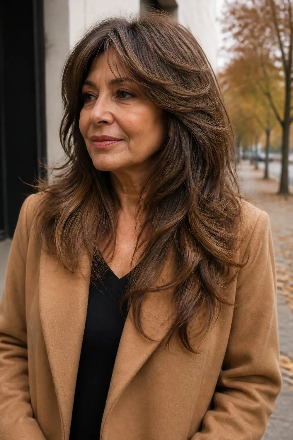Long shag with feathered layers on natural waves for a woman over 50